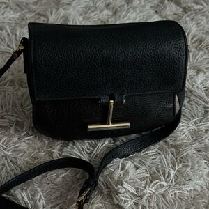 Tom Ford Black Pebbled Leather Crossbody with Gold T-Bar Closure